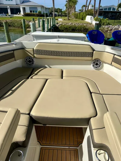 Breeezy Yacht Photos Pics Interior view of a 2020 Pursuit DC 365 Dual Console boat.