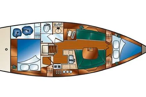 Windependence Yacht Photos Pics 2006 Hunter 38 sailboat interior layout with cabins, kitchen, and bathroom.