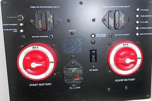 Windependence Yacht Photos Pics Control panel of a 2006 Hunter 38 boat with battery switches and circuit breakers.