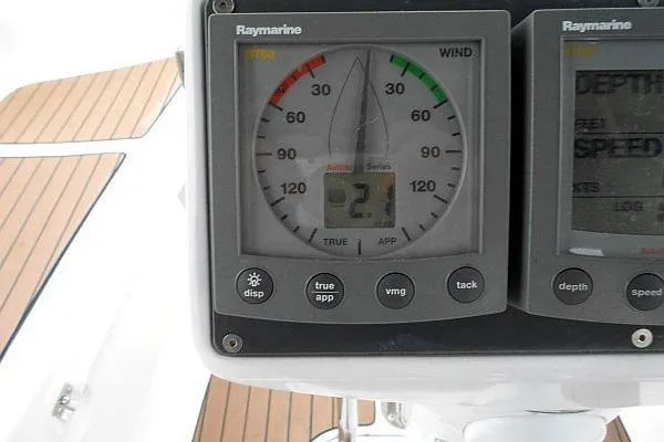 Windependence Yacht Photos Pics Raymarine wind gauge on 2006 Hunter 38 sailboat, displaying wind speed and direction.
