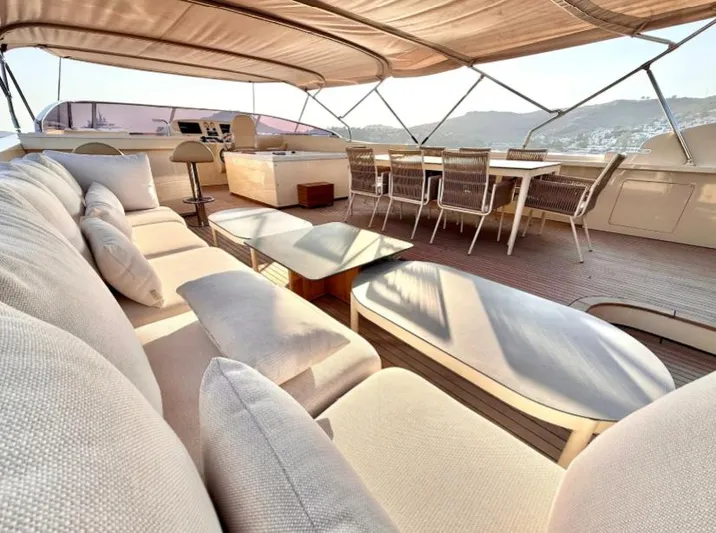  Yacht Photos Pics Luxurious 2007 Riva 115 Athena yacht deck with elegant seating and dining area.