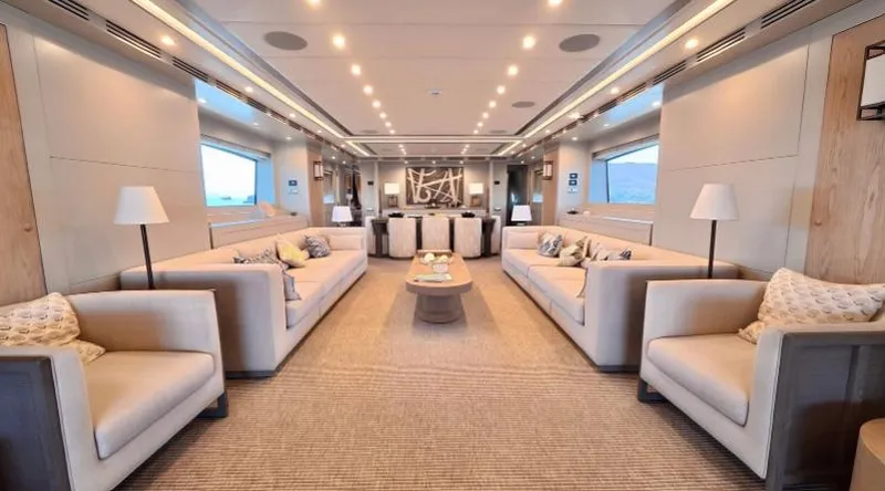  Yacht Photos Pics Luxurious interior of 2007 Riva 115 Athena yacht with elegant seating and modern decor.