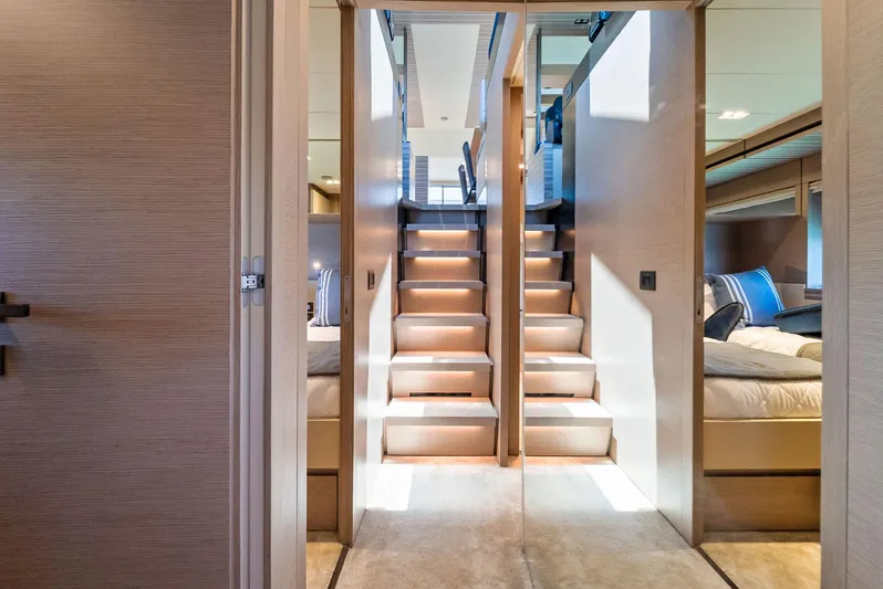 Giulia Yacht Photos Pics Interior of 2023 Ferretti Yachts 670, featuring elegant stairs and luxurious cabin design.