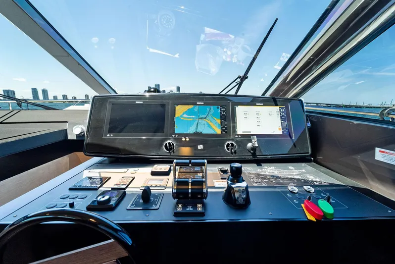 Giulia Yacht Photos Pics Control panel of 2023 Ferretti Yachts 670 with navigation screens and controls.
