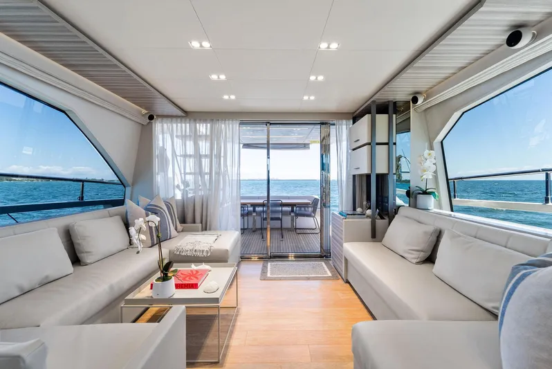 Giulia Yacht Photos Pics Luxurious interior of 2023 Ferretti Yachts 670 with ocean view and modern furnishings.