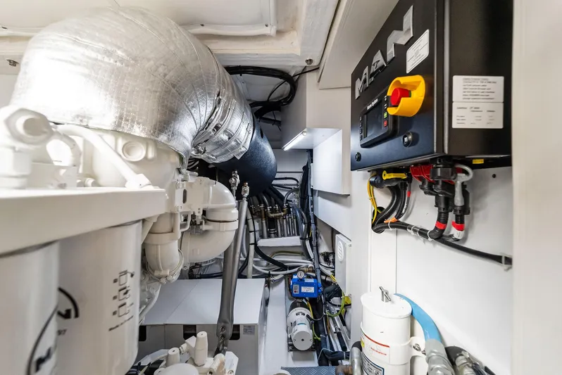 Giulia Yacht Photos Pics Engine room of 2023 Ferretti Yachts 670, featuring advanced mechanical systems and components.