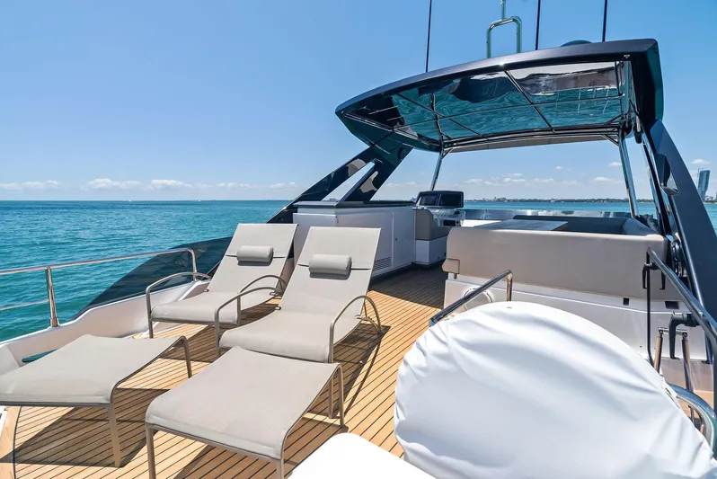 Giulia Yacht Photos Pics Luxurious 2023 Ferretti Yachts 670 with sun loungers on deck, overlooking the ocean.