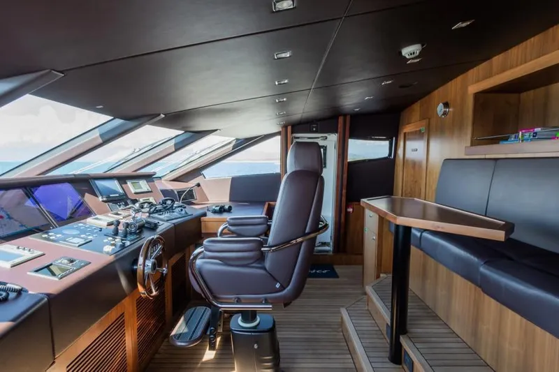  Yacht Photos Pics Luxurious Sunseeker 131 yacht interior with modern helm and seating, 2014 model.