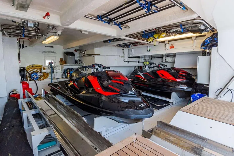  Yacht Photos Pics Jet skis stored in the garage of a 2014 Sunseeker 131 yacht.