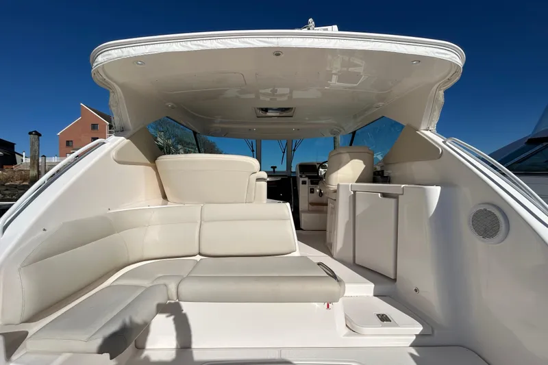  Yacht Photos Pics 2008 Tiara Yachts 3900 Sovran interior with white seating and modern design.