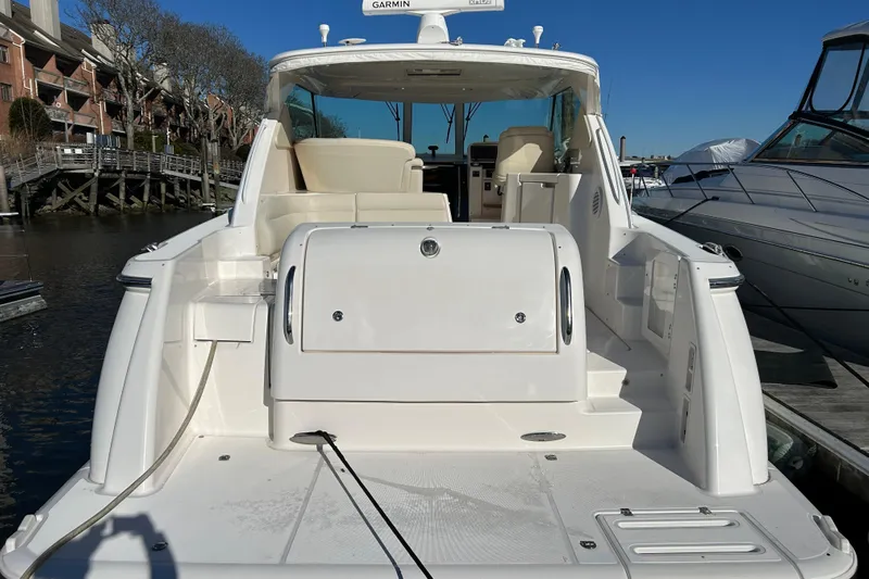  Yacht Photos Pics 2008 Tiara Yachts 3900 Sovran docked, showcasing spacious rear deck and seating area.