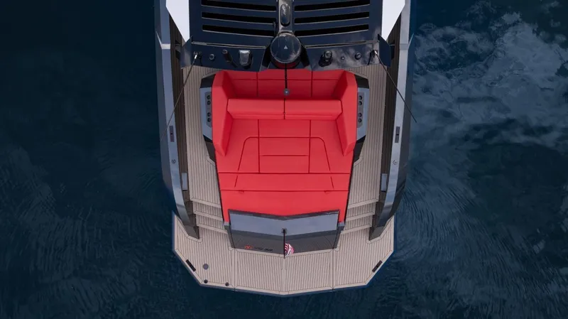 Moonshot Yacht Photos Pics 2023 Vanquish Yachts VQ58 with red seating, aerial view.