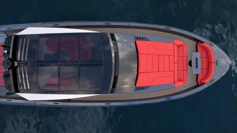 Moonshot Yacht Photos Pics Top view of 2023 Vanquish Yachts VQ58 with red seating and sleek design.