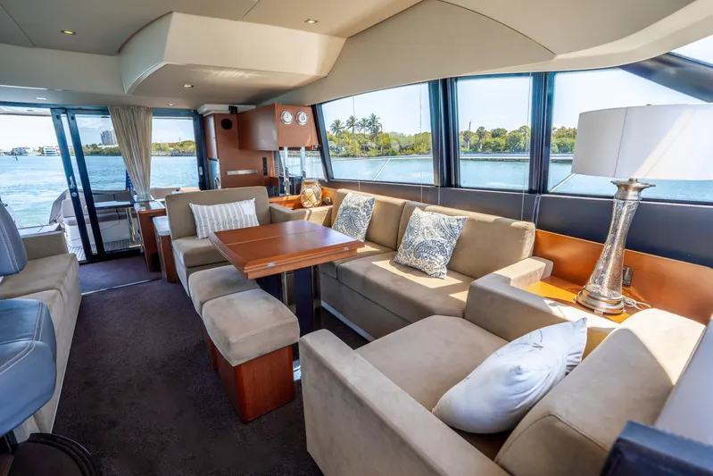  Yacht Photos Pics Luxurious interior of 2012 Prestige 500 Fly yacht with elegant seating and scenic water views.