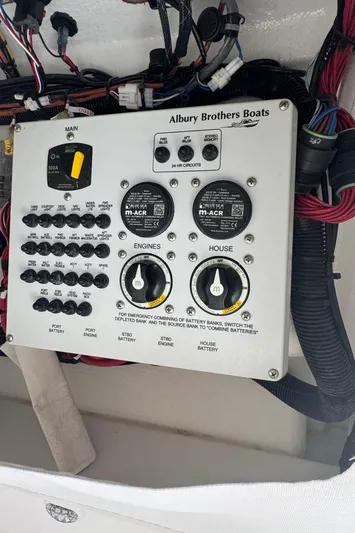  Yacht Photos Pics Control panel of a 2023 Albury Brothers 27 boat with wiring and switches.