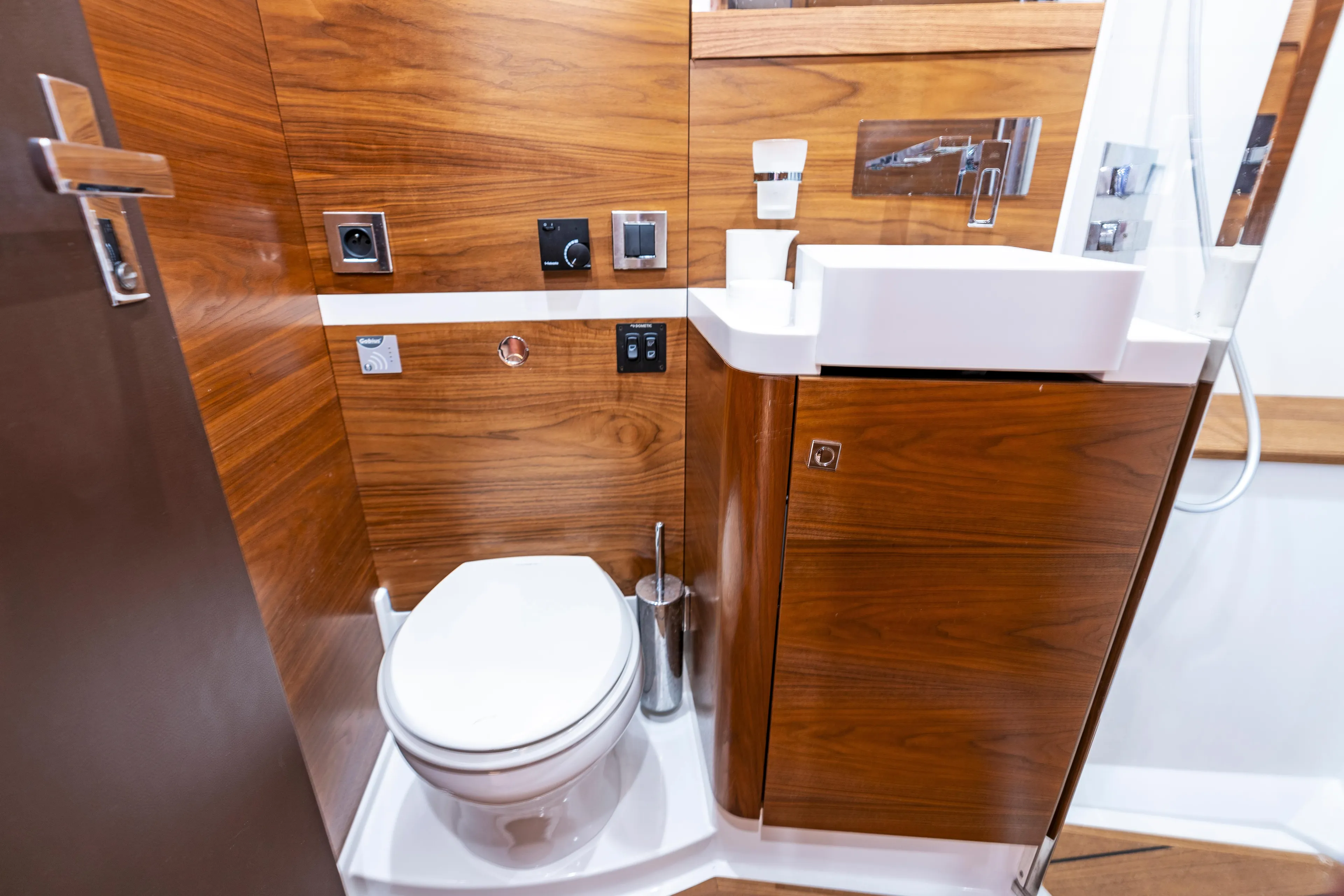 Luxurious bathroom in 2019 Amel 50 sailboat.