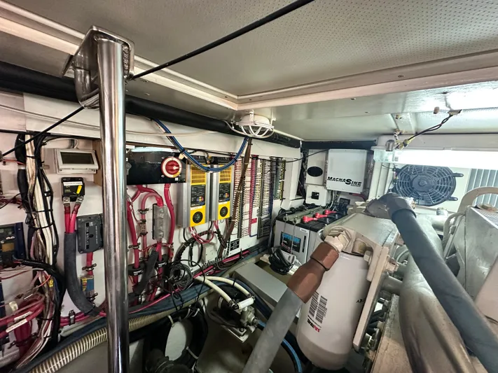 Bella Blue Yacht Photos Pics Engine room of 2004 Grand Banks 49 Eastbay HX with wiring and equipment.