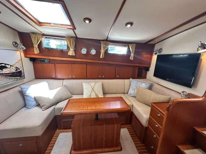 Bella Blue Yacht Photos Pics Luxurious 2004 Grand Banks 49 Eastbay HX yacht interior with cozy seating and elegant wood finishes.