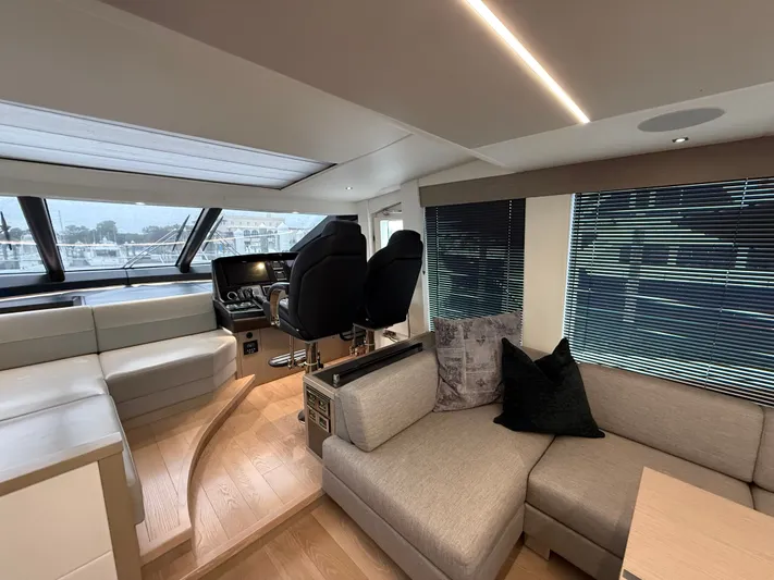 Almost Spoiled 1 Yacht Photos Pics Interior of 2020 Sunseeker 74 Sport Yacht with modern seating and helm.