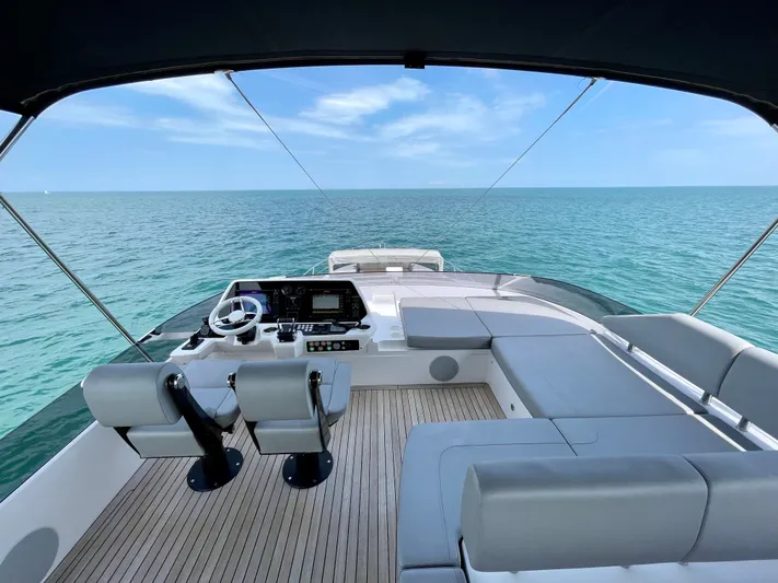 Almost Spoiled 1 Yacht Photos Pics Luxurious Sunseeker 74 Sport Yacht 2020 interior with ocean view and modern helm.