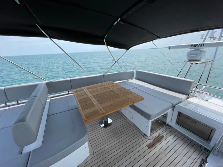 Almost Spoiled 1 Yacht Photos Pics Luxurious Sunseeker 74 Sport Yacht 2020 with elegant seating and ocean view.