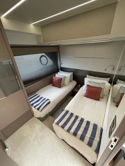 Almost Spoiled 1 Yacht Photos Pics Luxurious twin bedroom in 2020 Sunseeker 74 Sport Yacht with modern decor.