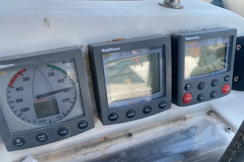  Yacht Photos Pics Raytheon navigation instruments on 2002 Jeanneau Sun Odyssey 40 yacht dashboard.