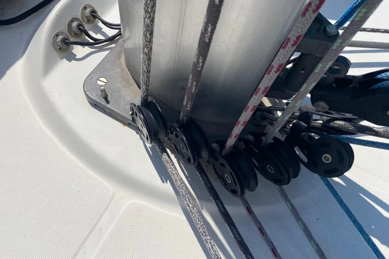  Yacht Photos Pics Close-up of rigging and pulleys on a 2002 Jeanneau Sun Odyssey 40 sailboat.