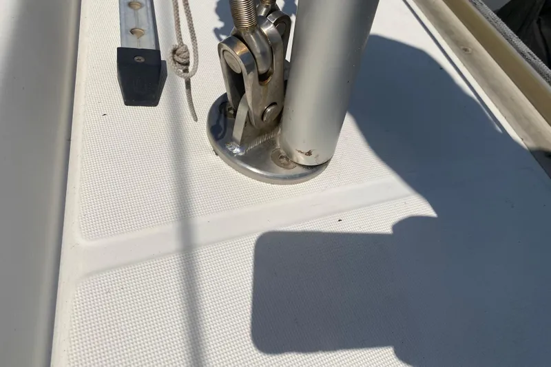  Yacht Photos Pics Deck detail of a 2002 Jeanneau Sun Odyssey 40 sailboat, featuring rigging components.