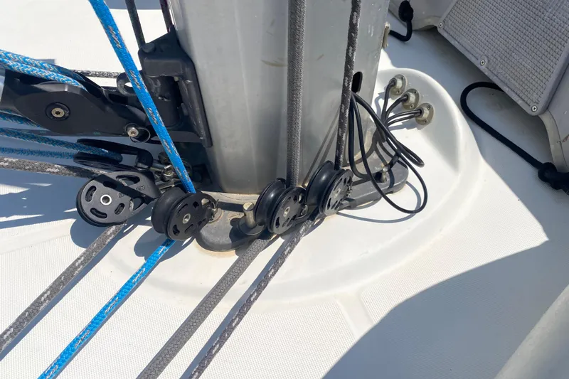  Yacht Photos Pics Close-up of Jeanneau Sun Odyssey 40 sailboat rigging and pulleys, 2002 model.