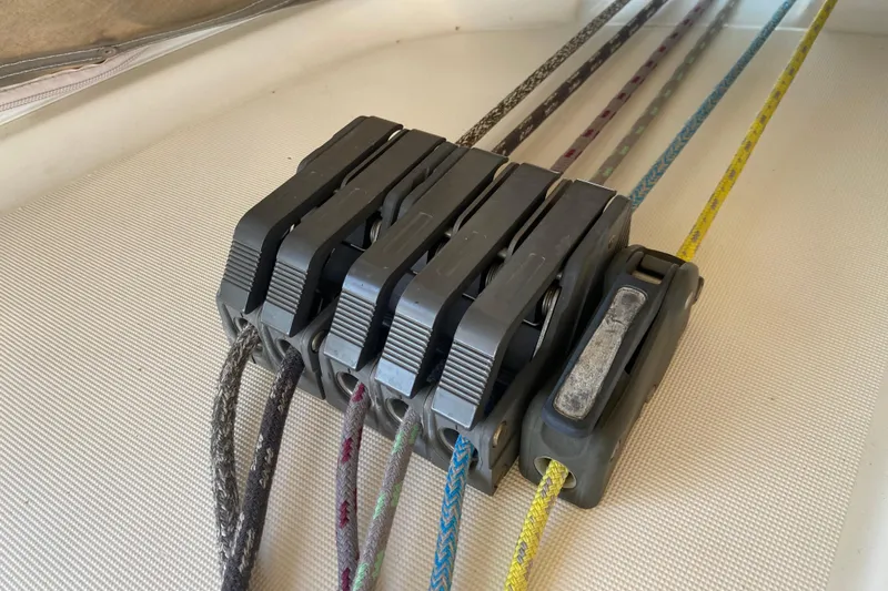  Yacht Photos Pics Close-up of rope clutches on a 2002 Jeanneau Sun Odyssey 40 sailboat.