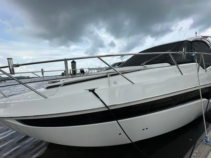 Stelyn Time Yacht Photos Pics 2021 Galeon 425HTS yacht docked under cloudy skies.