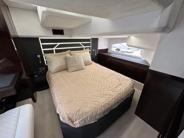 Stelyn Time Yacht Photos Pics Luxurious bedroom interior of 2021 Galeon 425HTS yacht with elegant bedding and modern design.