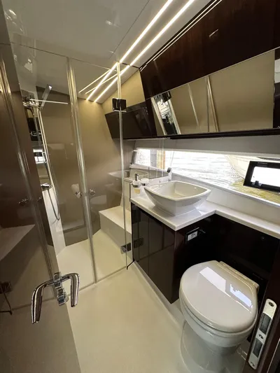 Stelyn Time Yacht Photos Pics Luxurious bathroom in 2021 Galeon 425 HTS yacht with modern fixtures and sleek design.