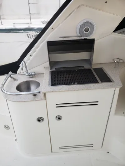 Sol Searching Yacht Photos Pics 2011 Sea Ray 350 Sundancer boat kitchenette with sink and grill.