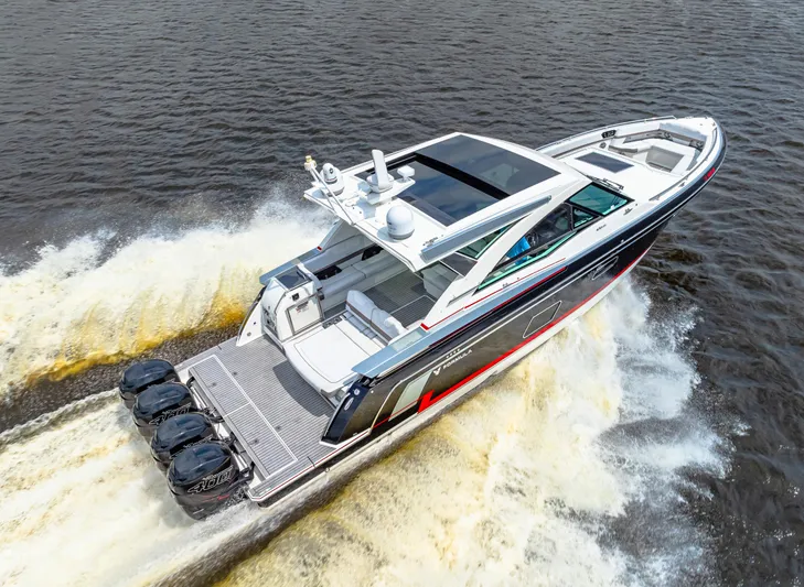 Ski 2 Sea Yacht Photos Pics 2017 Formula 430 Super Sport Crossover speeding on water, aerial view.