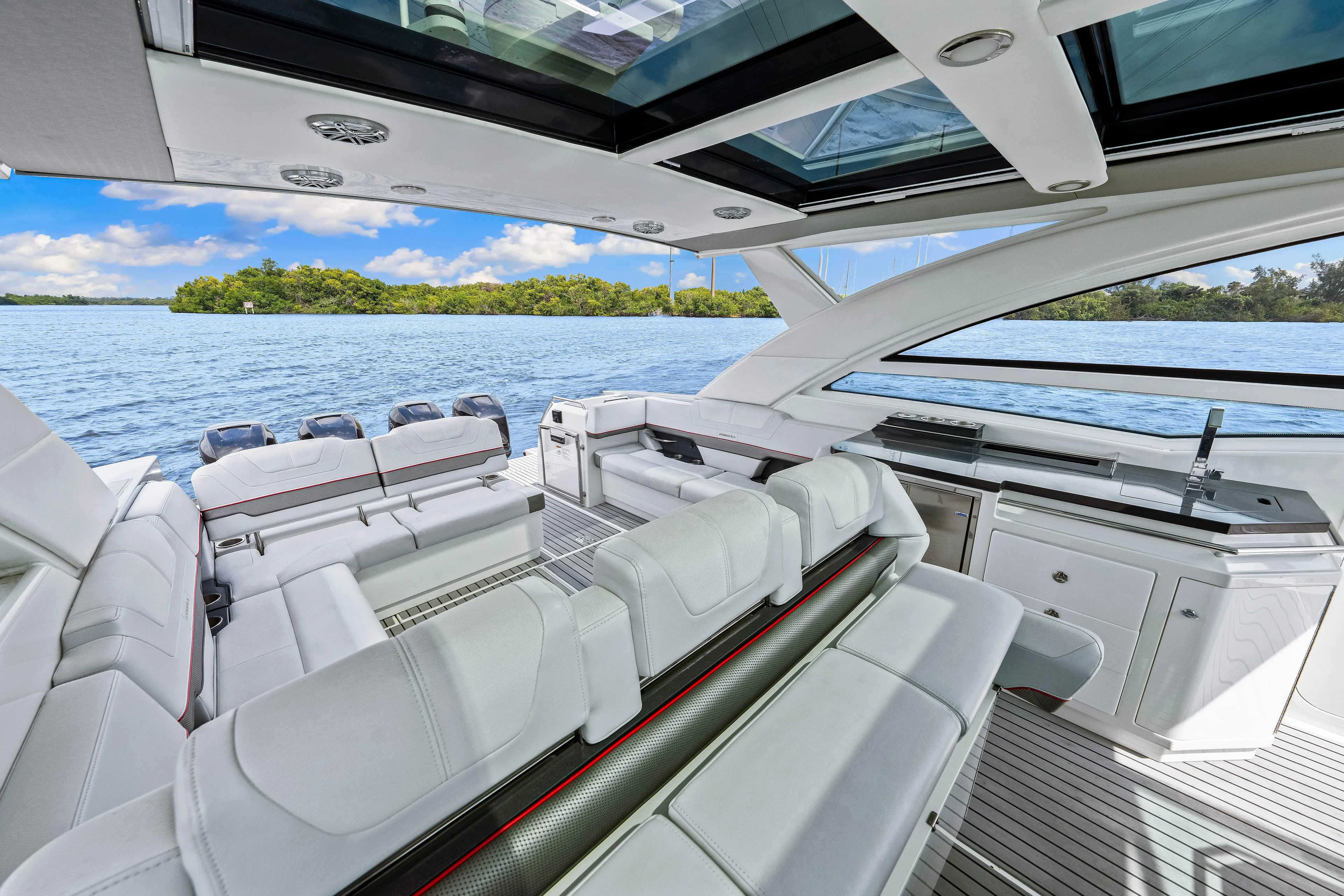 Ski 2 Sea Yacht Photos Pics 2017 Formula 430 Super Sport Crossover luxury yacht interior with scenic water view.