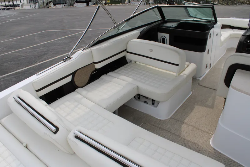  Yacht Photos Pics 2020 Cobalt R30 boat interior with white seating and modern design.