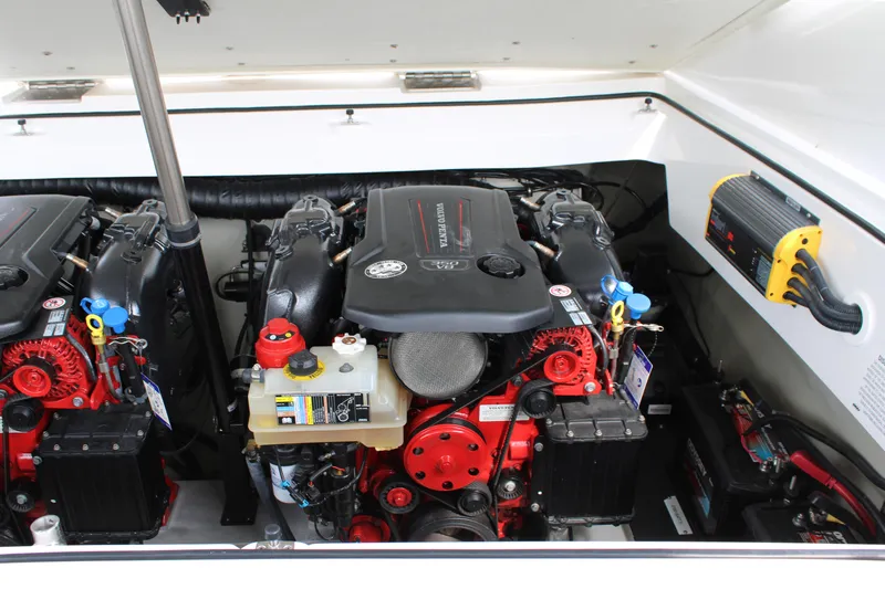  Yacht Photos Pics Engine compartment of a 2020 Cobalt R30 boat, featuring dual inboard engines.