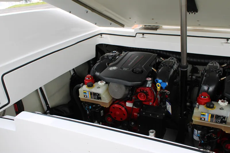  Yacht Photos Pics Engine compartment of a 2020 Cobalt R30 boat, showcasing dual engines and components.