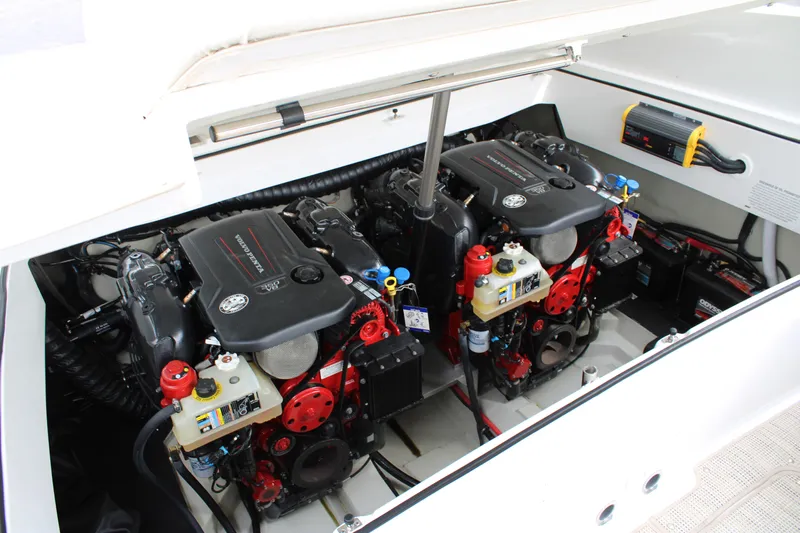  Yacht Photos Pics 2020 Cobalt R30 engine compartment with dual inboard motors and battery system.
