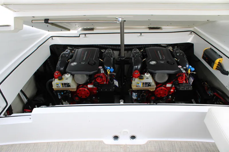  Yacht Photos Pics Twin engines in a 2020 Cobalt R30 boat, showcasing powerful marine engineering.