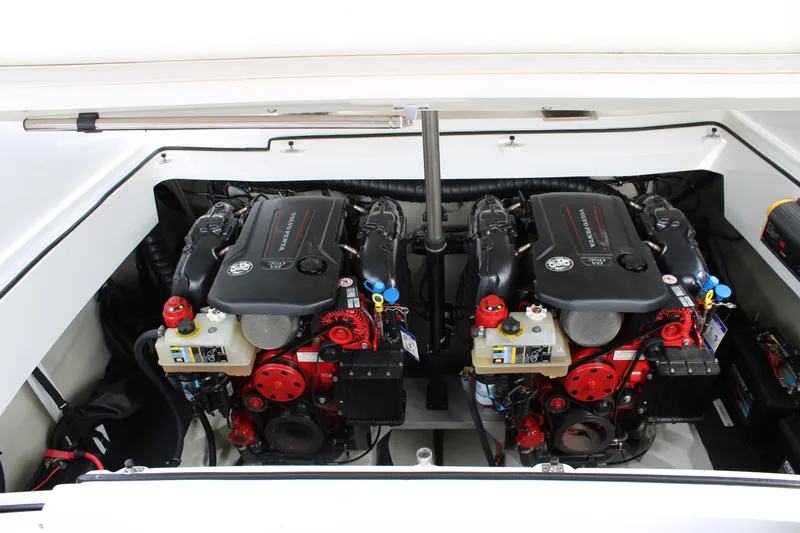  Yacht Photos Pics Twin engines in a 2020 Cobalt R30 boat, showcasing powerful marine engineering.
