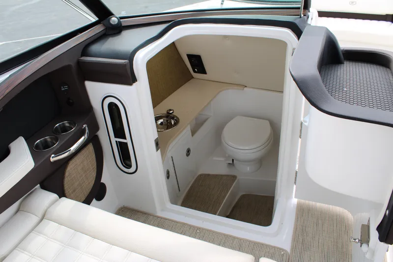  Yacht Photos Pics 2020 Cobalt R30 boat interior with compact bathroom, featuring a toilet and sink.