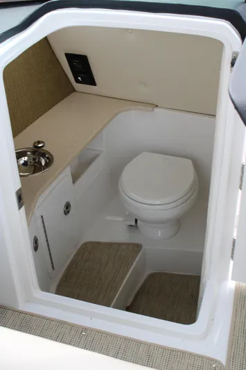  Yacht Photos Pics 2020 Cobalt R30 boat interior with compact bathroom, featuring a toilet and sink.