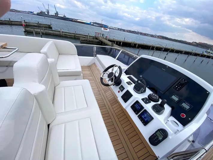 Sealine F430 Yacht Photos Pics 2025 Sealine F430 yacht helm with modern controls, white seating, and ocean view.