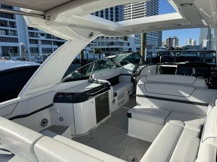 Sunny No Showers Yacht Photos Pics 2023 Formula 350 Crossover Bowrider OB interior with luxurious seating and modern design.