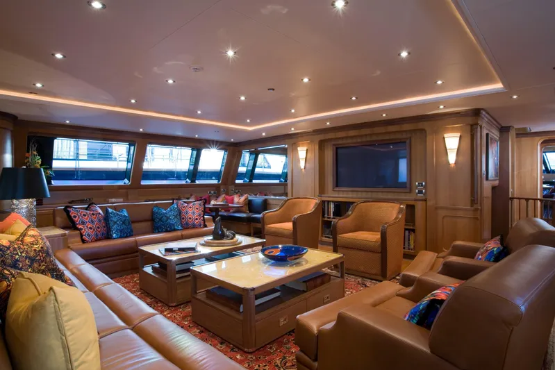 Tamsen Yacht Photos Pics Luxurious interior of 2007 Perini Navi 52M yacht with elegant seating and decor.