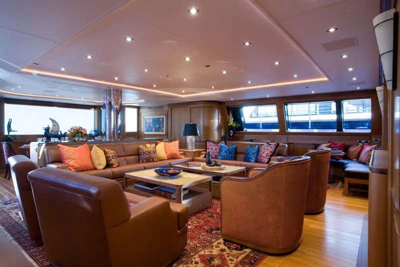 Tamsen Yacht Photos Pics Luxurious interior of 2007 Perini Navi 52M yacht with elegant seating and decor.