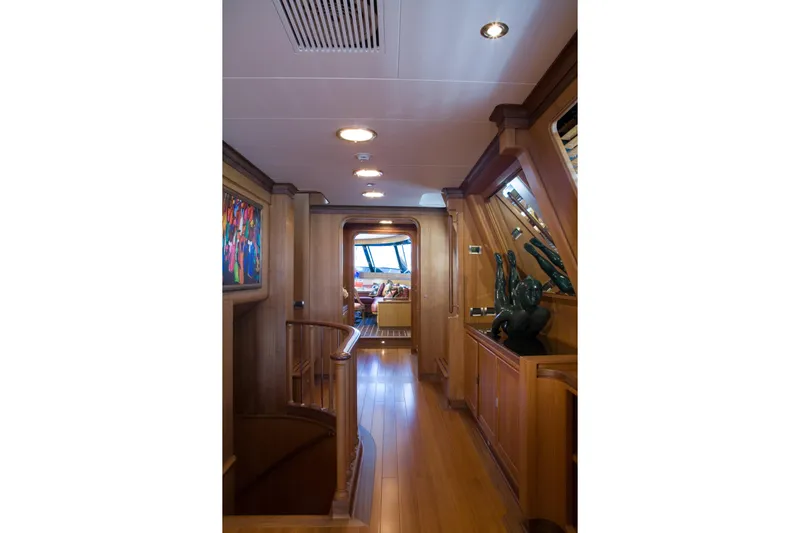 Tamsen Yacht Photos Pics Luxurious interior of 2007 Perini Navi 52M yacht with elegant wood finishes.